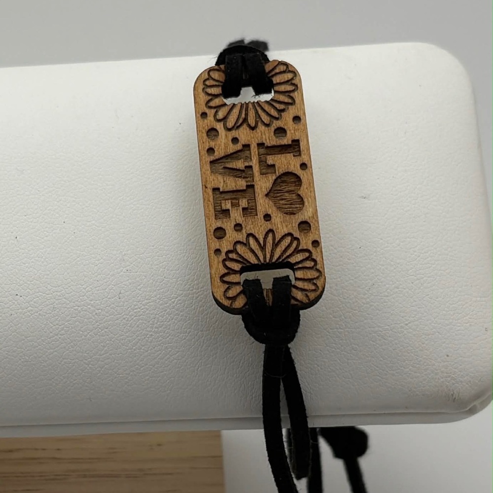 Laser Engraved Wood “LOVE” Bracelet | Floral Heart Design